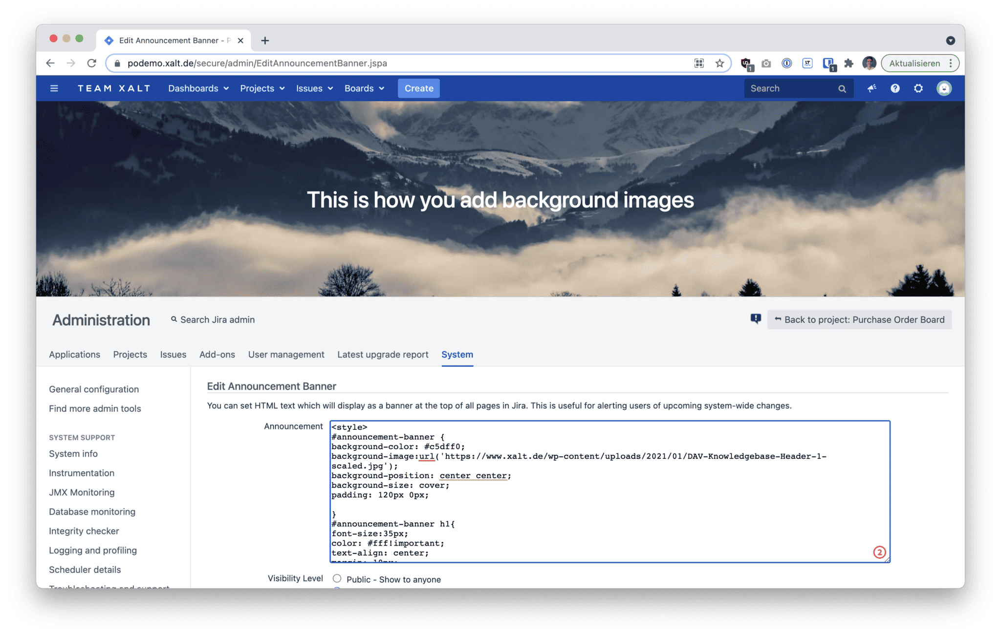 How to add quicklinks to the announcement banner in Jira XALT