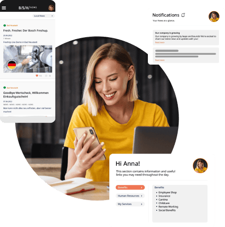 Eine Person, die mit dem Intranet des Unternehmens arbeitet, das Benachrichtigungen, ein Menü und ein mobiles Design bietet