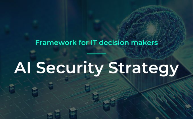 Illustration of a digital brain above a computer circuit board with the title “AI Security Strategy – Framework for IT Decision Makers.”