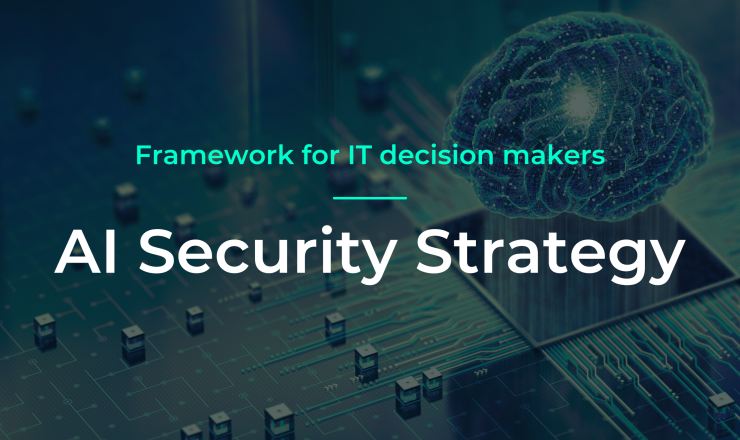 Illustration of a digital brain above a computer circuit board with the title “AI Security Strategy – Framework for IT Decision Makers.”