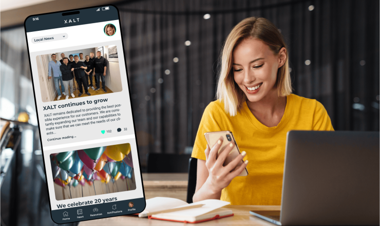 Image of a smartphone or tablet displaying a responsive intranet surrounded by images of employees collaborating on projects, an IT administrator monitoring security, and a graphic showing improved productivity.